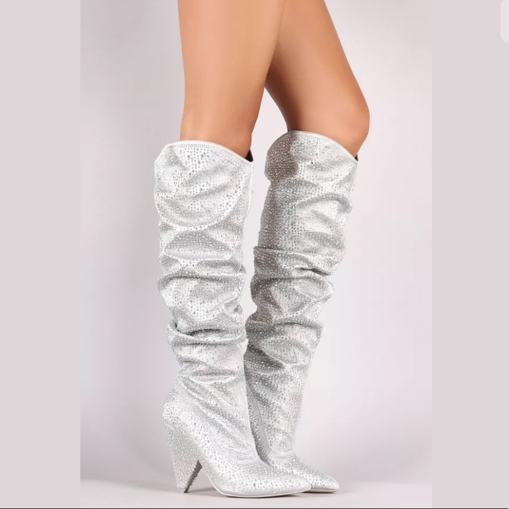 RHINESTONE POINTED TOE SLOUCHY BOOTS